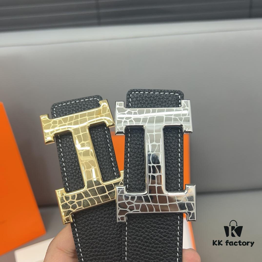 692fab1199f2d84055c863d6 Hermès Men's Leather Belt with Steel Buckle and Printed Eyelets, Classic Design, Two Colors Available
