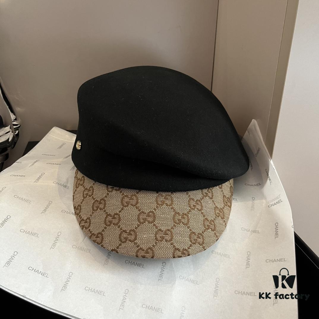 692fb04399f2d84055c86cc6 Gucci 2022 Fall/Winter New Arrivals Military Cap, High-End Custom Wool Hat with GG Brim Detail, Elegant and Sophisticated, Available in Black and Khaki, Head Circumference 57cm