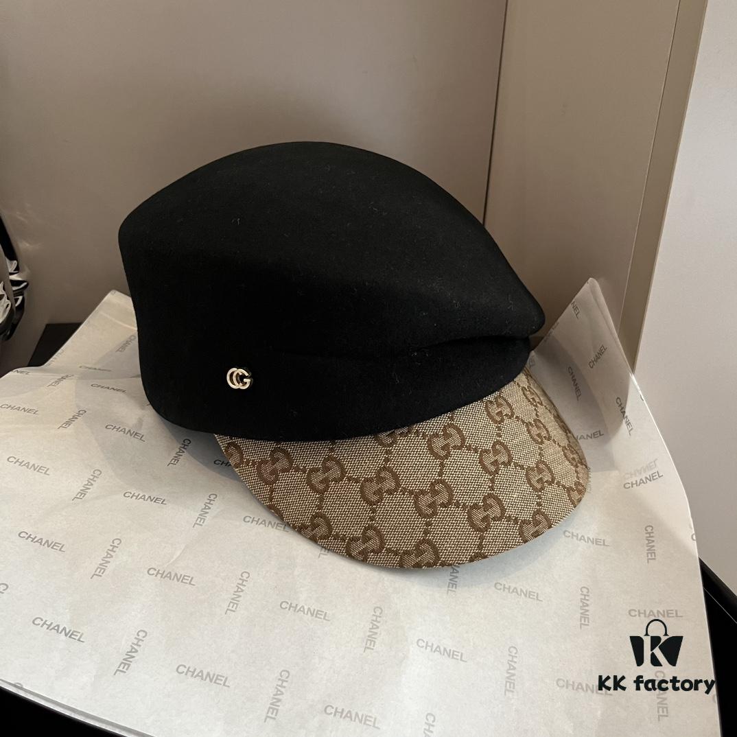 692fb04999f2d84055c86cd6 Gucci 2022 Fall/Winter New Arrivals Military Cap, High-End Custom Wool Hat with GG Brim Detail, Elegant and Sophisticated, Available in Black and Khaki, Head Circumference 57cm