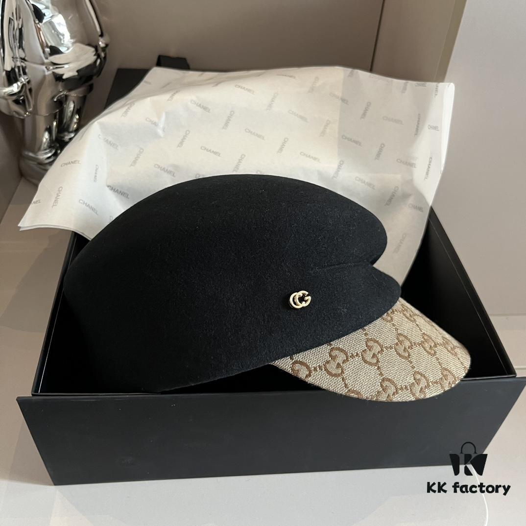 692fb08999f2d84055c86d4f Gucci 2022 Fall/Winter New Arrivals Military Cap, High-End Custom Wool Hat with GG Brim Detail, Elegant and Sophisticated, Available in Black and Khaki, Head Circumference 57cm