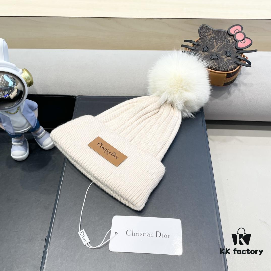 692fb27399f2d84055c8703c Dior Women's Knitted Hat with Genuine Fox Fur Pom-Pom, Thick Winter Warm Ear-Protecting Beanie for Autumn and Winter