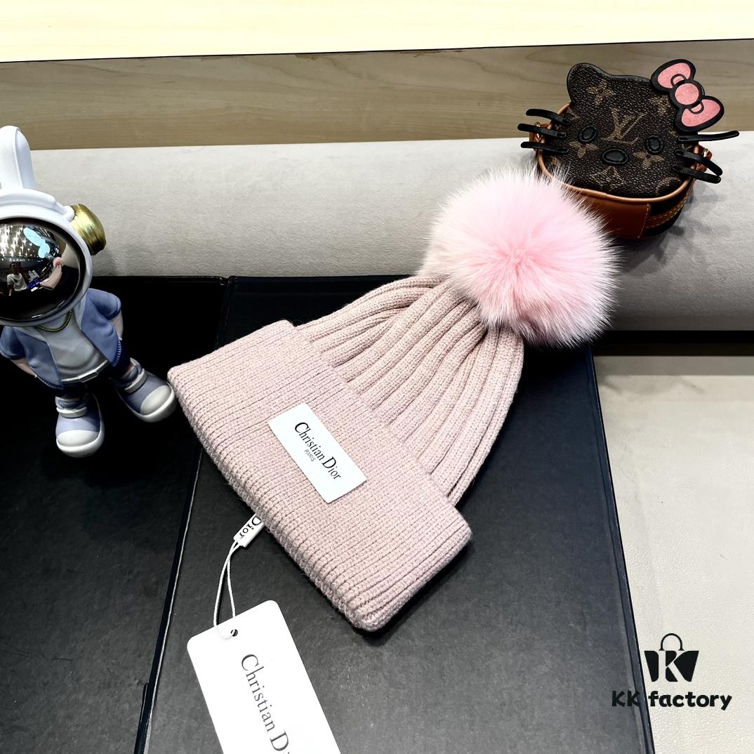 692fb28499f2d84055c87048 Dior Women's Knit Hat with Genuine Fox Fur Pom-Pom, Thickened Winter Warm Ear-Protecting Beanie for Autumn and Winter