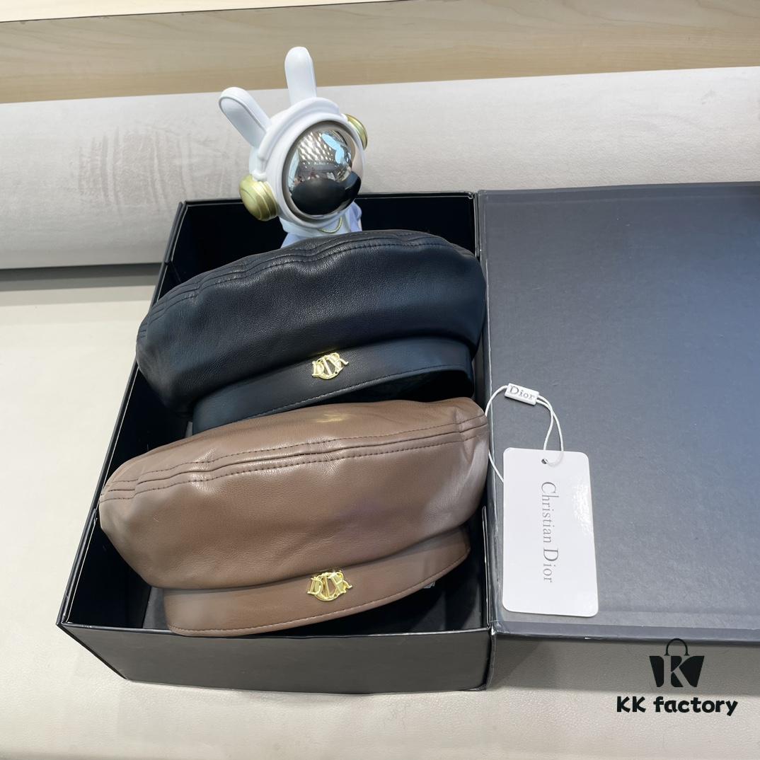 692fb2ce99f2d84055c8709a Dior Women's Beret Casual Versatile PU Leather Hat with Metal Logo Fashionable Outdoor Street Cap