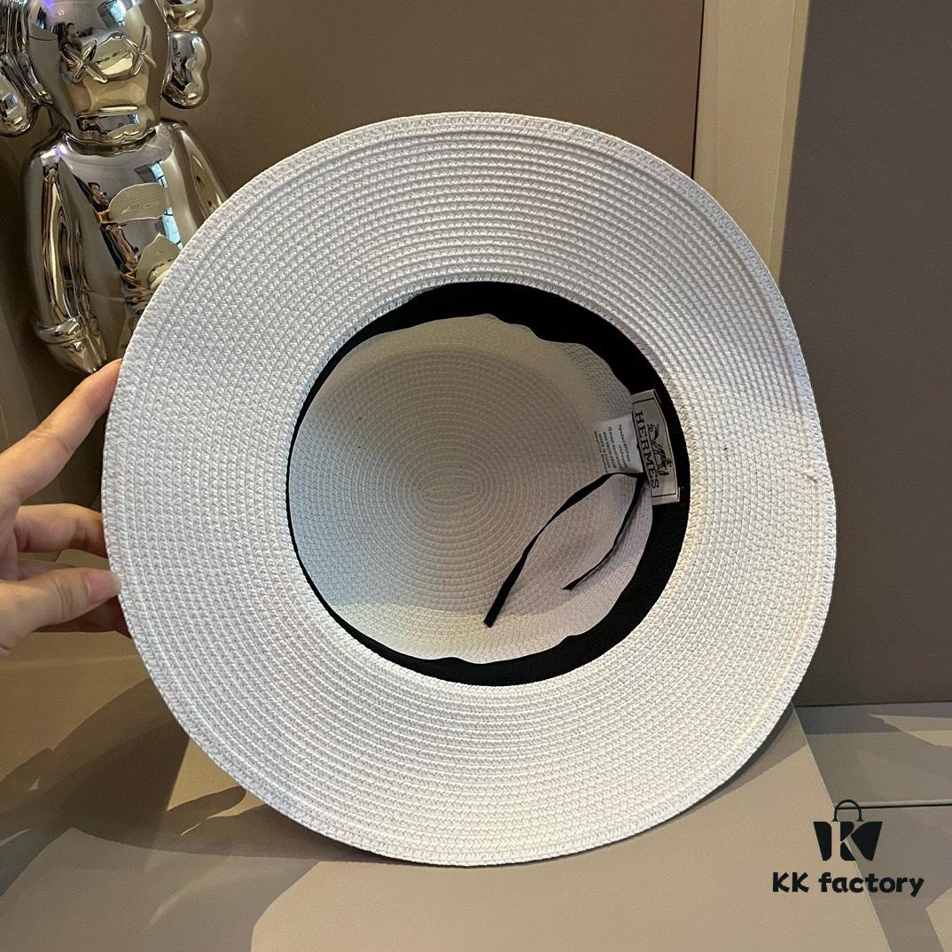 Hermès New Arrival Straw Hat, Flat-Crown Top Hat, Head Circumference 57 cm