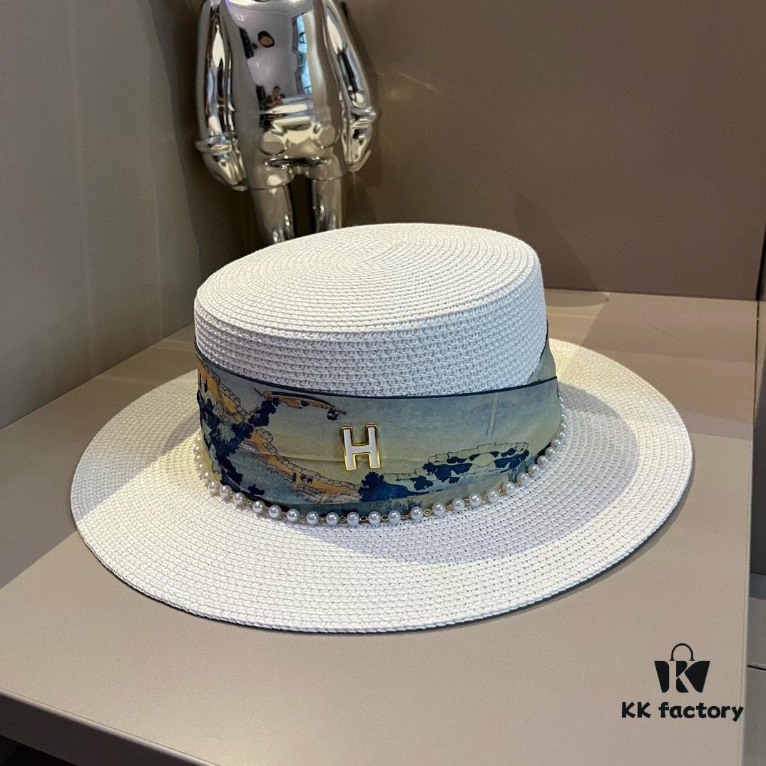 Hermès New Arrival Straw Hat, Flat-Crown Top Hat, Head Circumference 57 cm