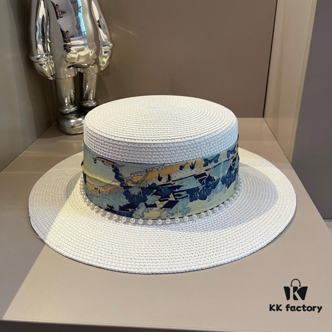 Hermès New Arrival Straw Hat, Flat-Crown Top Hat, Head Circumference 57 cm