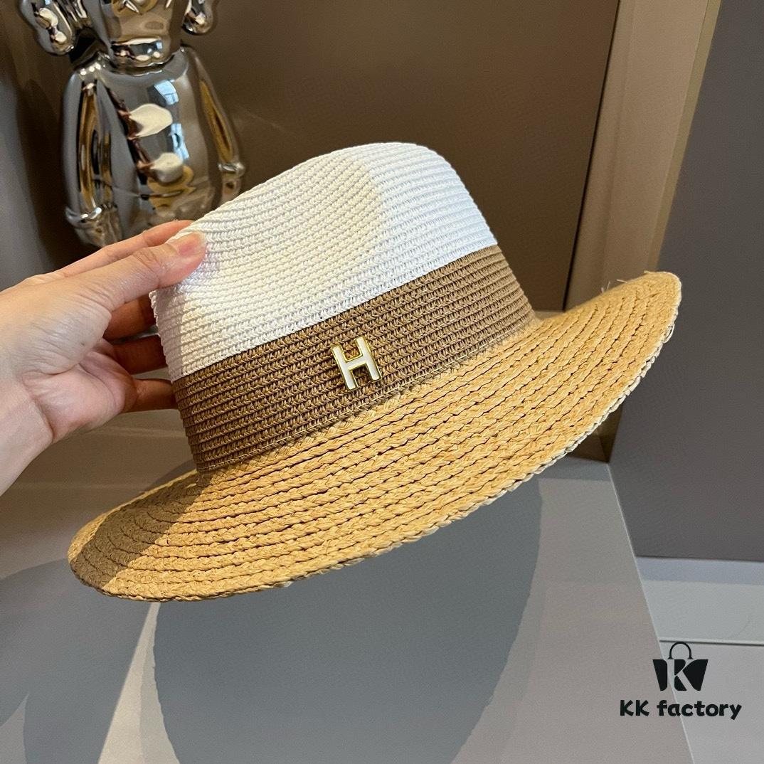 Hermes New Arrival Color-Block Straw Hat, Rafia Brim, 57cm Head Circumference
