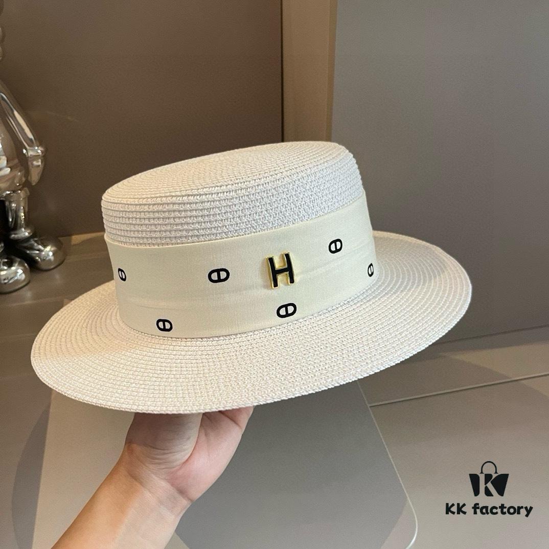 Hermès New Arrival Straw Hat, Flat-Crown Fedora, Head Circumference 57cm