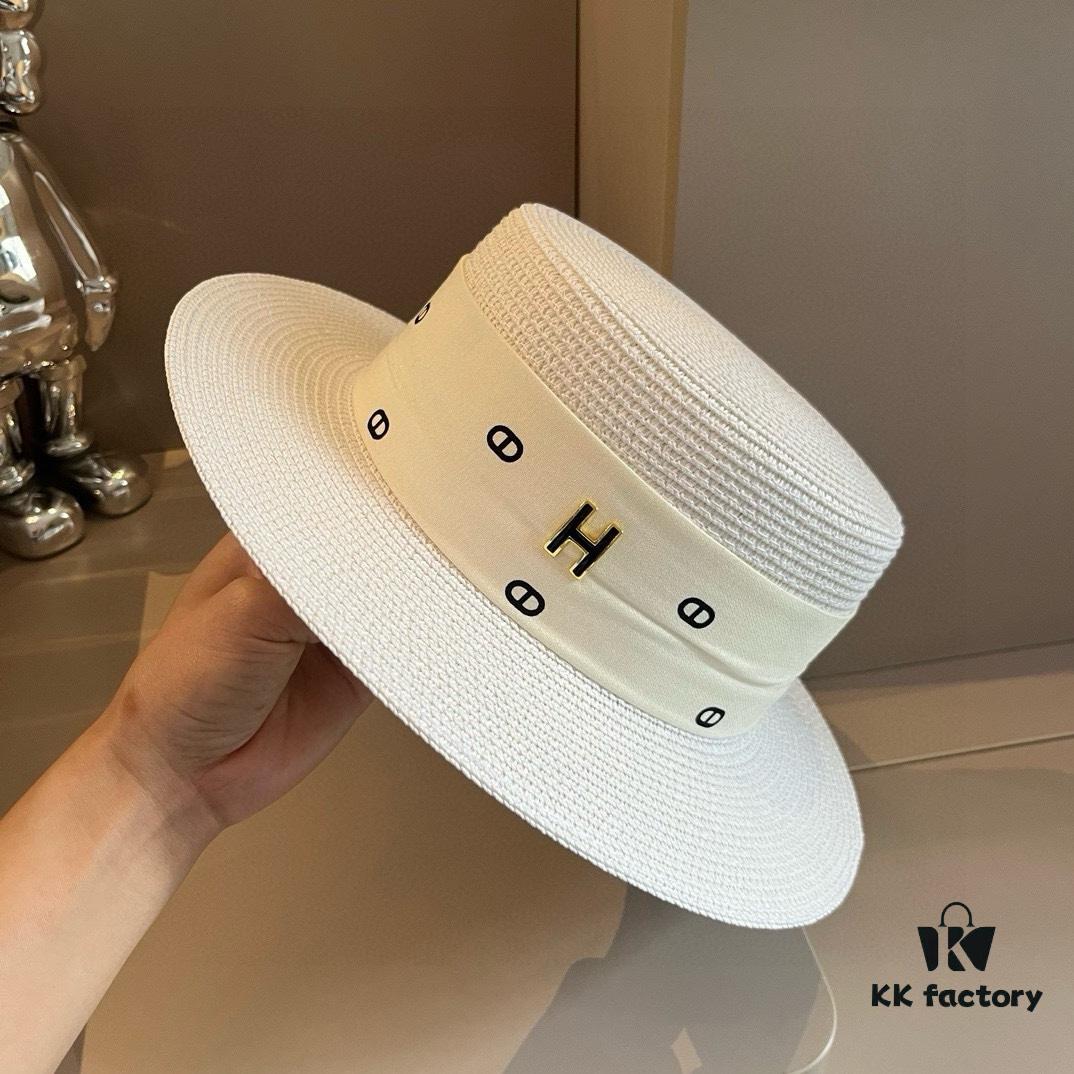 Hermès New Arrival Straw Hat, Flat-Crown Fedora, Head Circumference 57cm