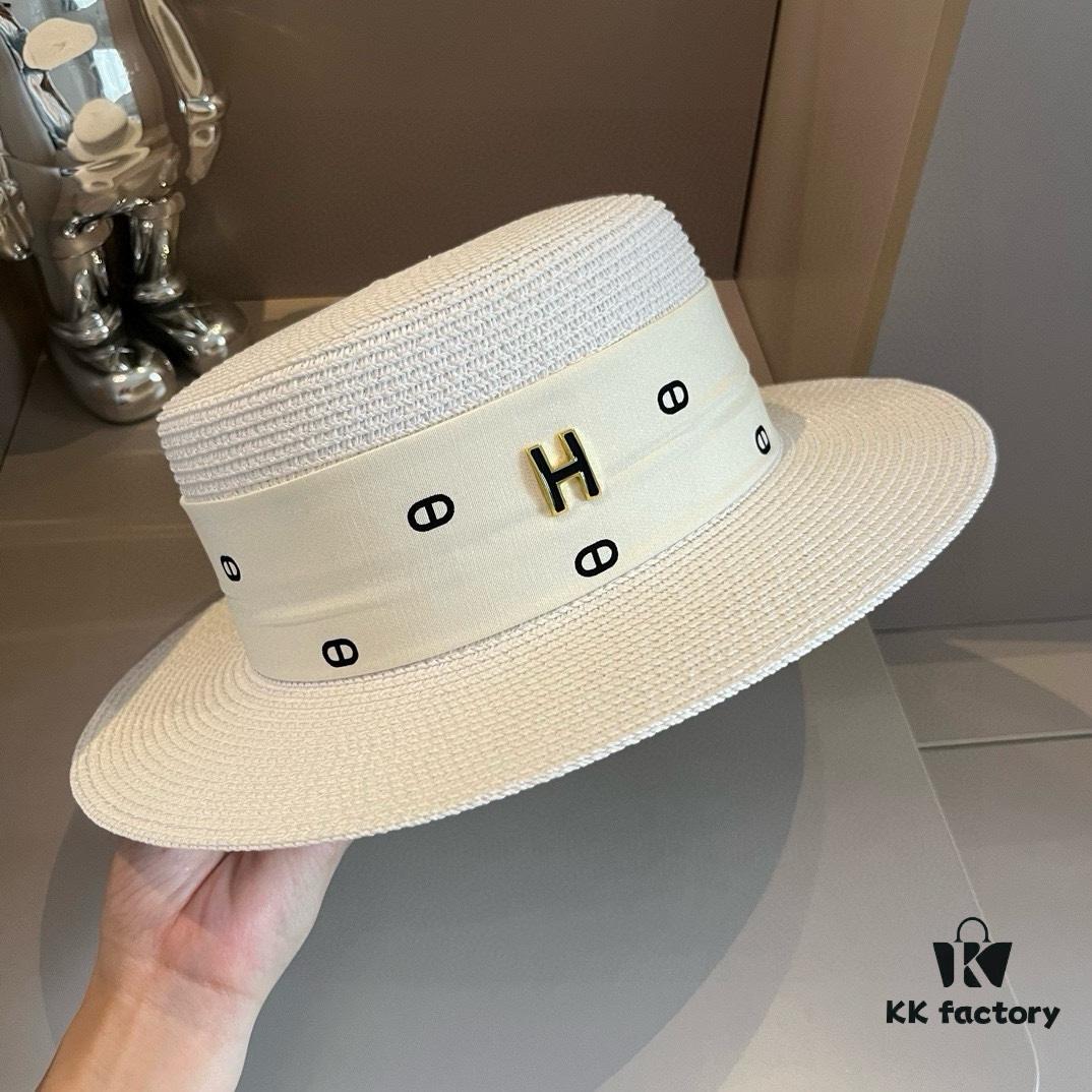 Hermès New Arrival Straw Hat, Flat-Crown Fedora, Head Circumference 57cm