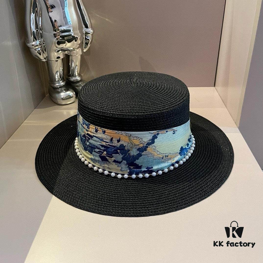 Hermès New Arrival Straw Hat, Flat-Crown Fedora, Head Circumference 57cm