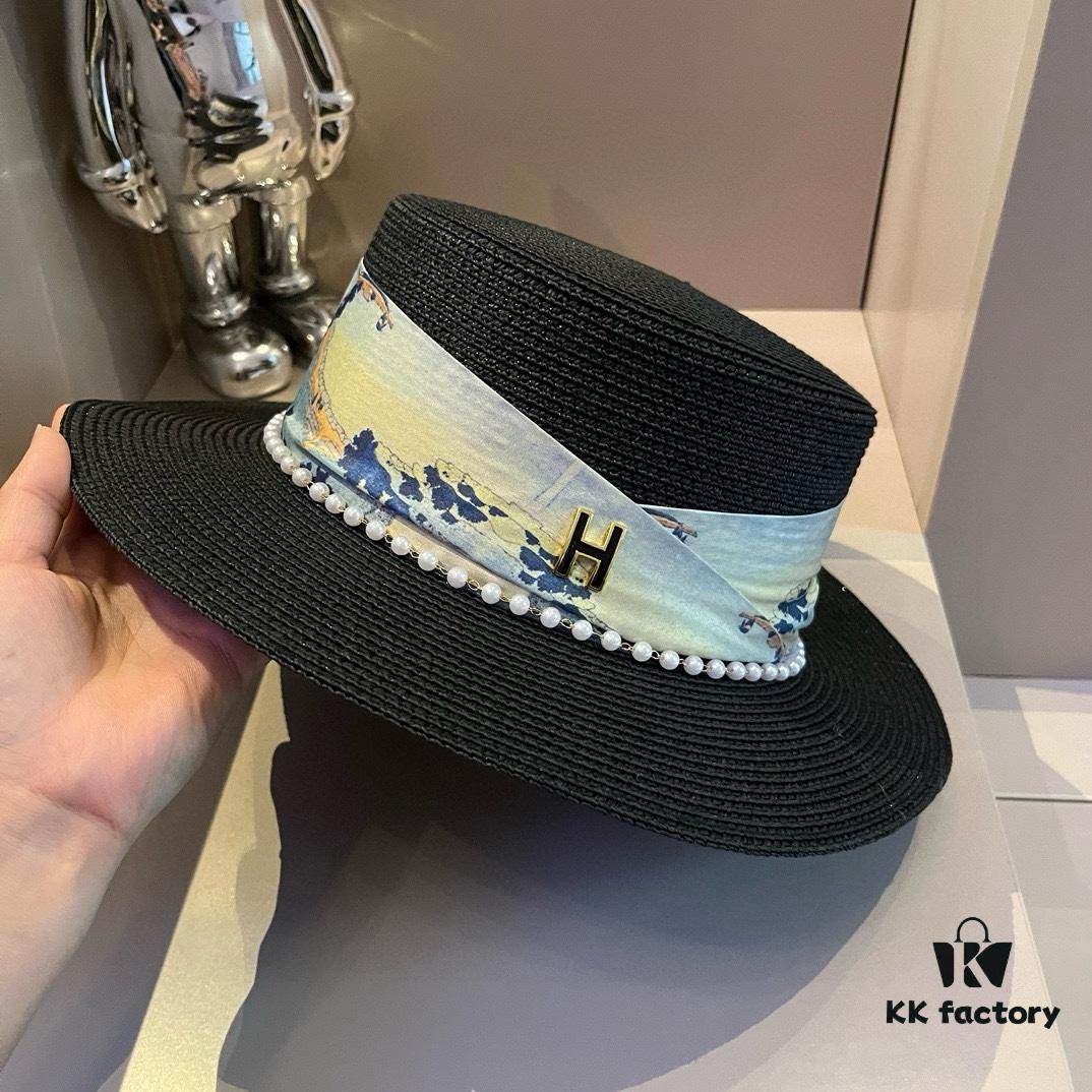 Hermès New Arrival Straw Hat, Flat-Crown Fedora, Head Circumference 57cm