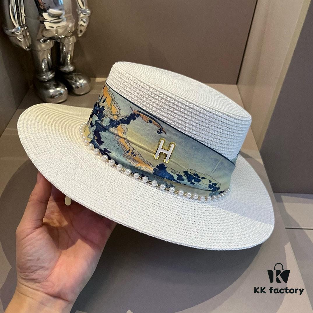 Hermes New Arrival Straw Hat, Flat-Crown Top Hat, Head Circumference 57cm