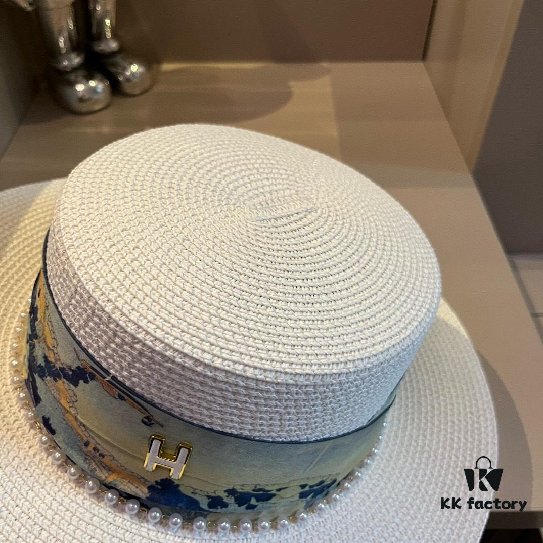 Hermes New Arrival Straw Hat, Flat-Crown Top Hat, Head Circumference 57cm