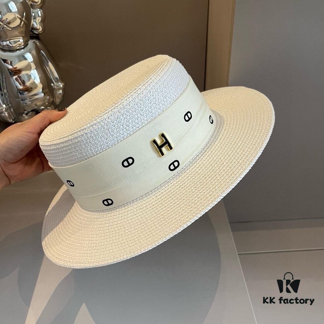 Hermès New Arrival Straw Hat, Flat-Crown Fedora, Head Circumference 57cm