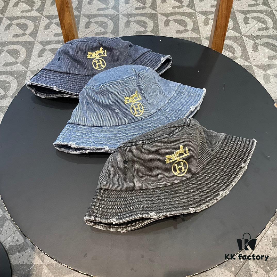 Hermès 2024 Fall/Winter 6cm Small Brim American Vintage Washed Distressed Denim Fisherman Hat, Bucket Hat