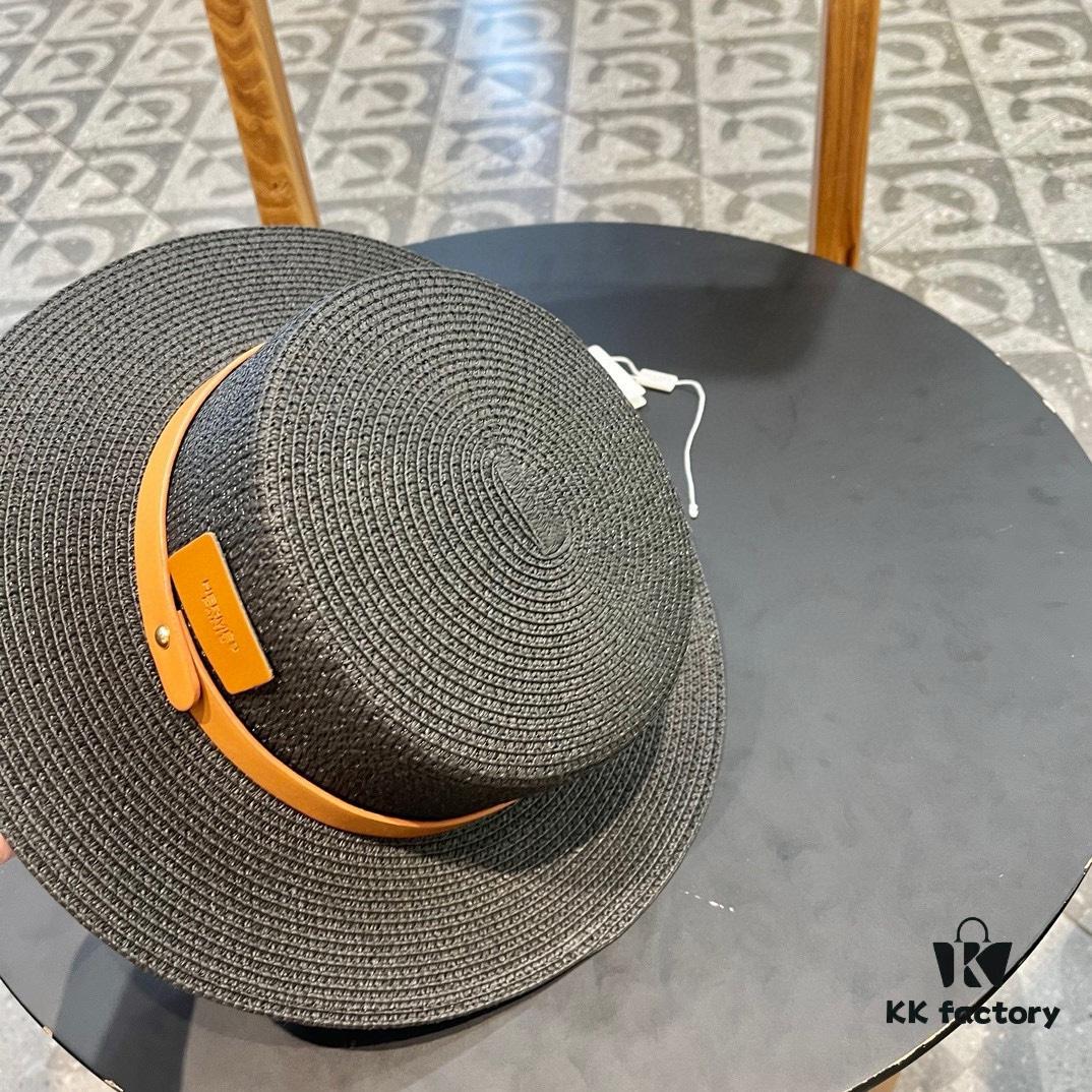 Hermès New Belt Style Straw Hat, Flat Top Fedora, Head Circumference 57cm