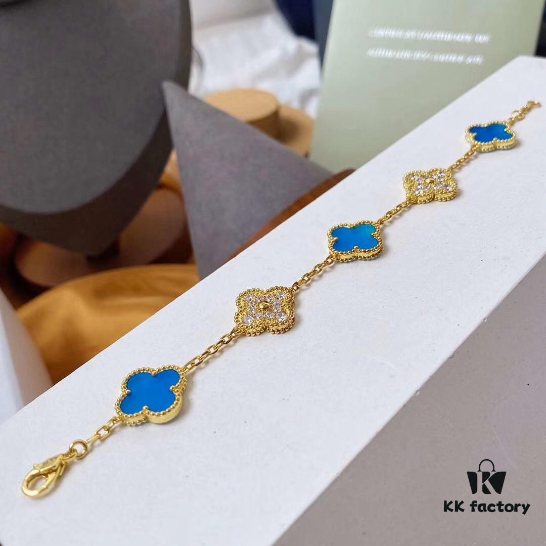692fbe1499f2d84055c87e09 Van Cleef & Arpels 2019 New Arrival, 50th Anniversary Limited Edition Five-Flower Mother-of-Pearl Bracelet in Blue Ceramic and Gold