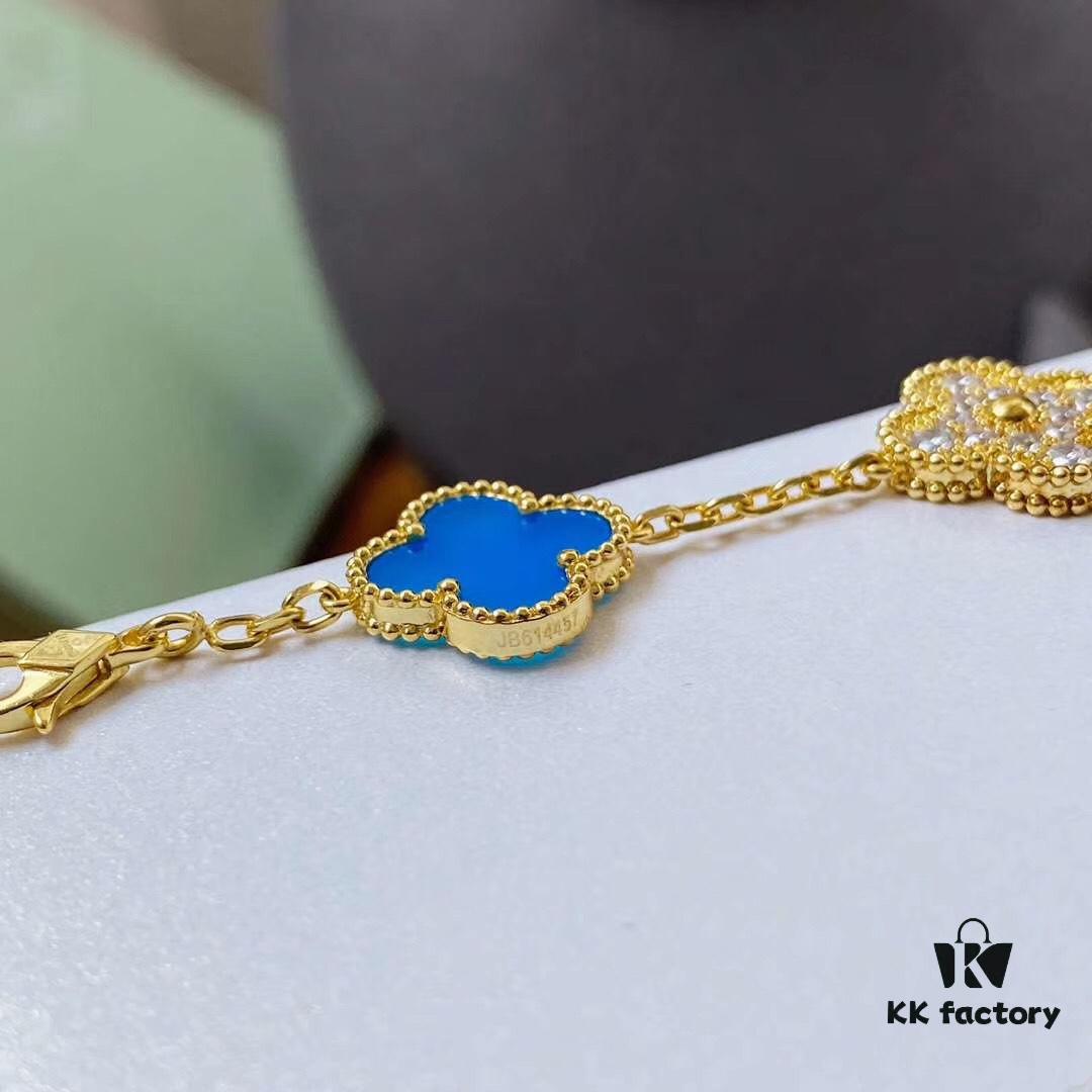 692fbe1499f2d84055c87e0a Van Cleef & Arpels 2019 New Arrival, 50th Anniversary Limited Edition Five-Flower Mother-of-Pearl Bracelet in Blue Ceramic and Gold