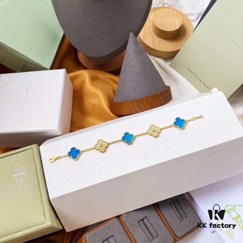 692fbe1499f2d84055c87e0b Van Cleef & Arpels 2019 New Arrival, 50th Anniversary Limited Edition Five-Flower Mother-of-Pearl Bracelet in Blue Ceramic and Gold