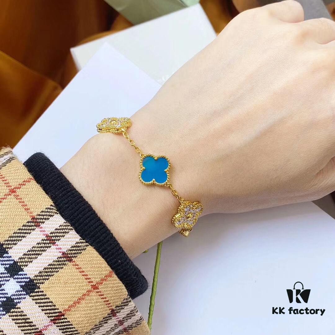 692fbe1699f2d84055c87e0d Van Cleef & Arpels 2019 New Arrival, 50th Anniversary Limited Edition Five-Flower Mother-of-Pearl Bracelet in Blue Ceramic and Gold