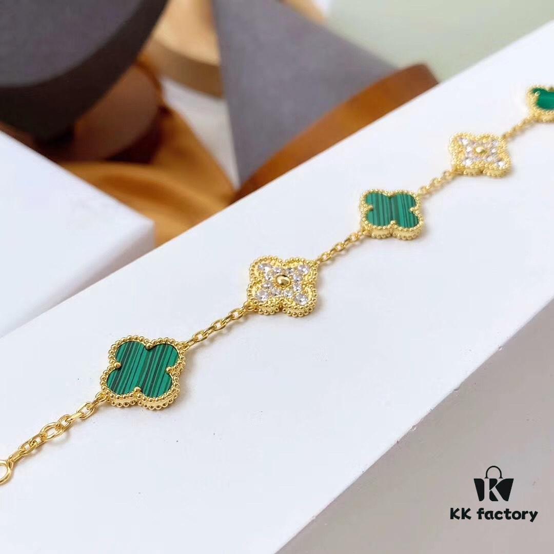 692fbe1899f2d84055c87e0e Van Cleef & Arpels 2019 New Arrival, 50th Anniversary Limited Edition Five-Flower Mother-of-Pearl Bracelet in Malachite and Gold