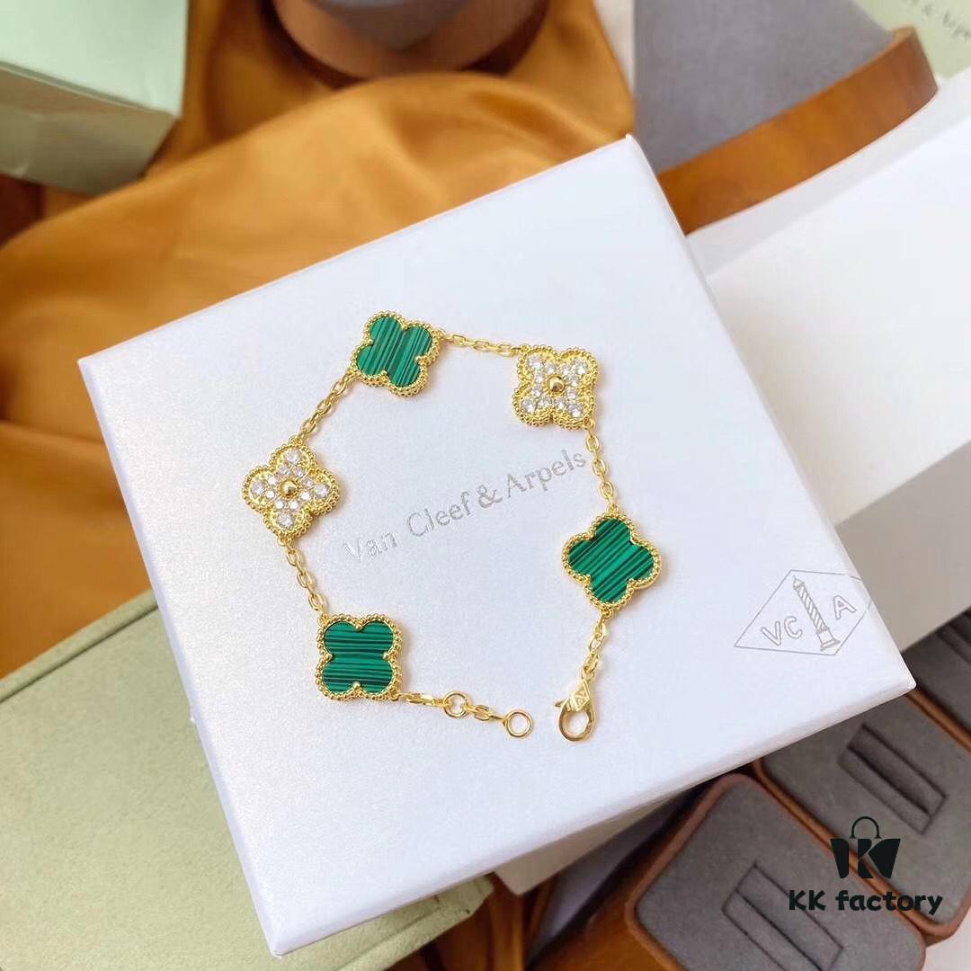692fbe1899f2d84055c87e0f Van Cleef & Arpels 2019 New Arrival, 50th Anniversary Limited Edition Five-Flower Mother-of-Pearl Bracelet in Malachite and Gold
