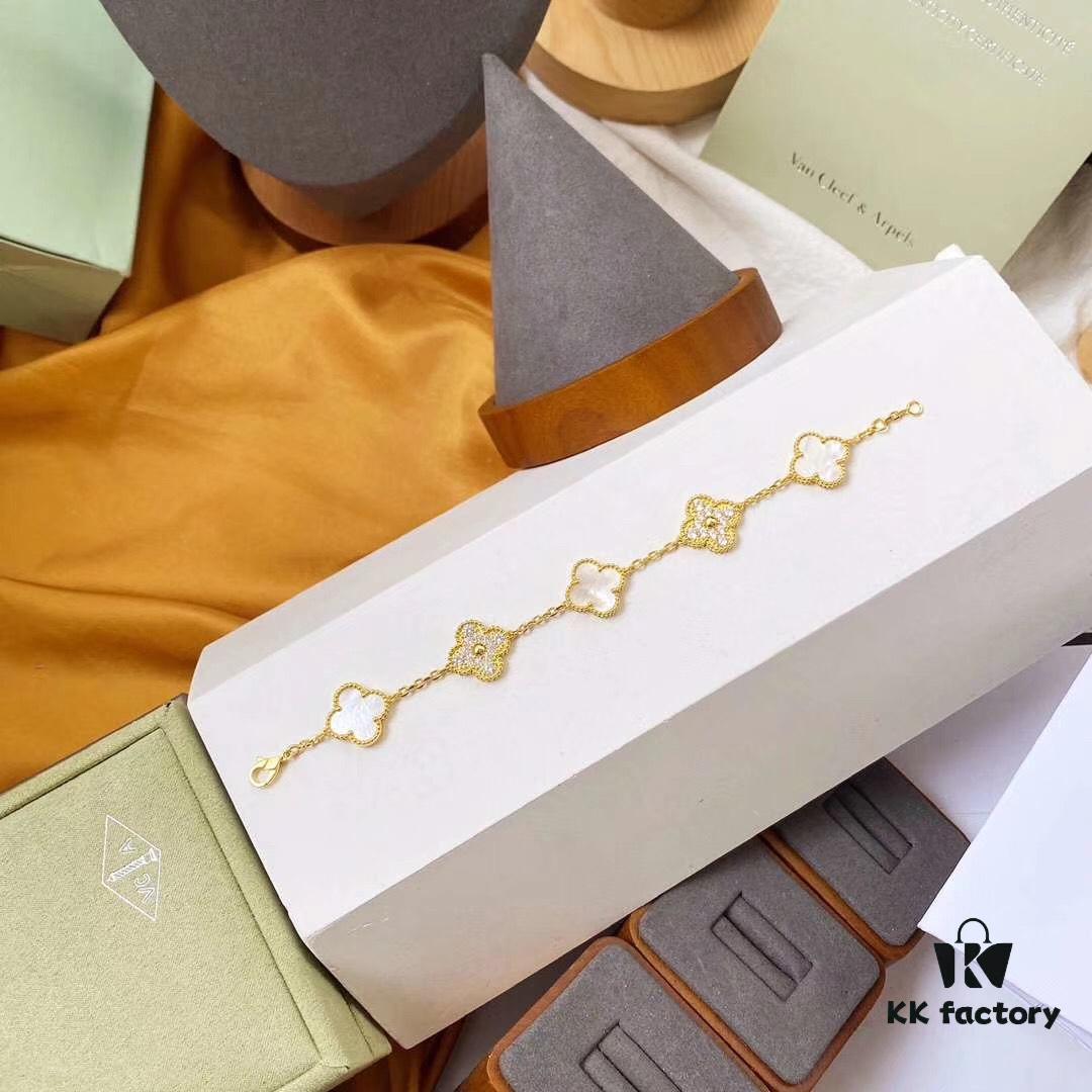692fbe1b99f2d84055c87e13 Van Cleef & Arpels 2019 New Release, 50th Anniversary Limited Edition Five-Flower Mother-of-Pearl Bracelet in Yellow Gold