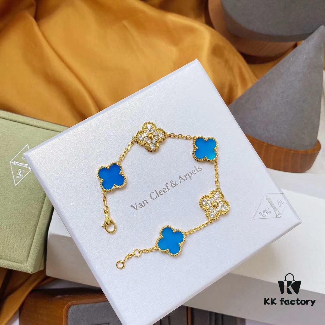 692fbe1b99f2d84055c87e14 Van Cleef & Arpels 2019 New Arrival, 50th Anniversary Limited Edition Five-Flower Mother-of-Pearl Bracelet in Blue Ceramic and Gold