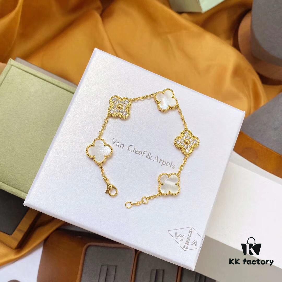 692fbe1d99f2d84055c87e17 Van Cleef & Arpels 2019 New Release, 50th Anniversary Limited Edition Five-Flower Mother-of-Pearl Bracelet in Yellow Gold