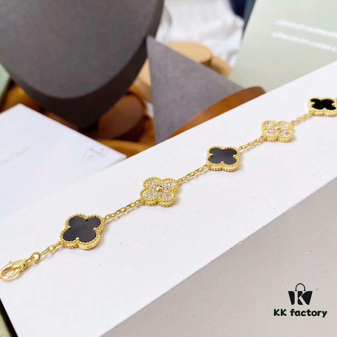 692fbe1e99f2d84055c87e1a Van Cleef & Arpels 2019 New Arrival, 50th Anniversary Limited Edition Five-Flower Mother-of-Pearl Bracelet in Black Onyx and Gold