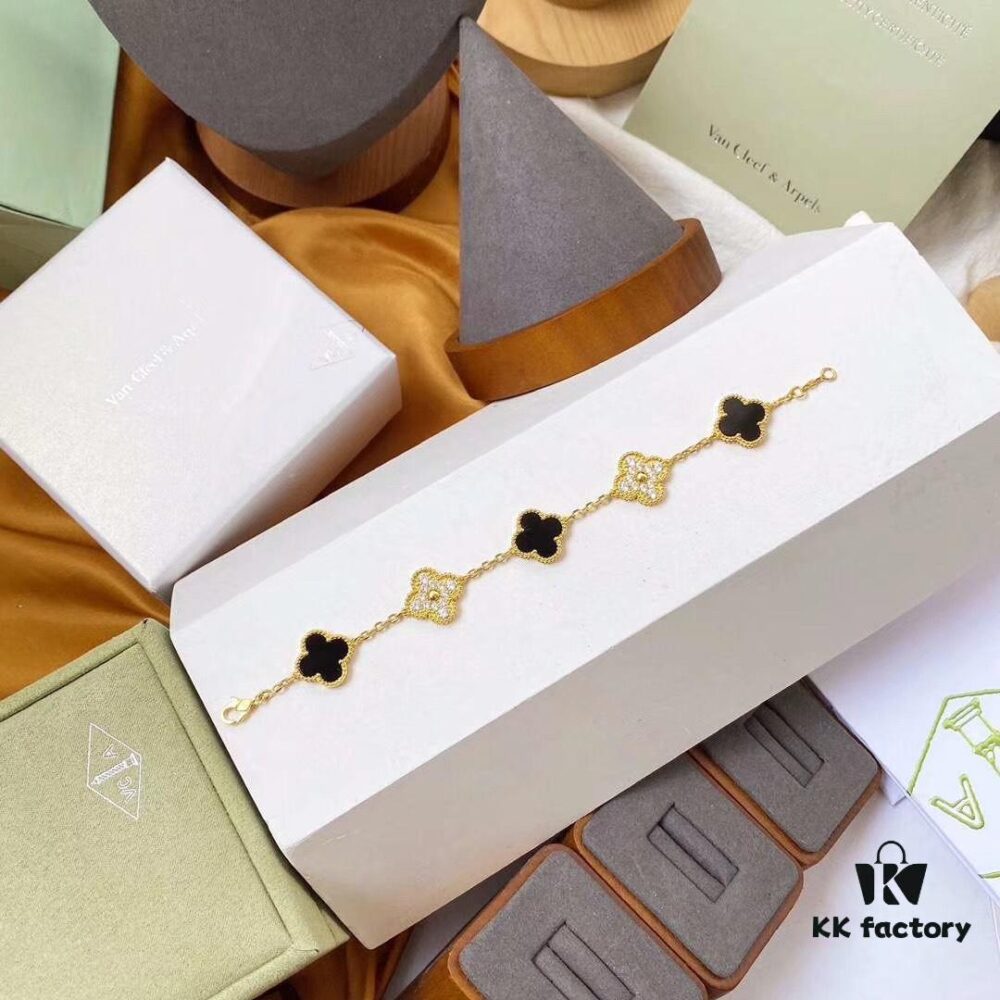 692fbe1f99f2d84055c87e1b Van Cleef & Arpels 2019 New Arrival, 50th Anniversary Limited Edition Five-Flower Mother-of-Pearl Bracelet in Black Onyx and Gold