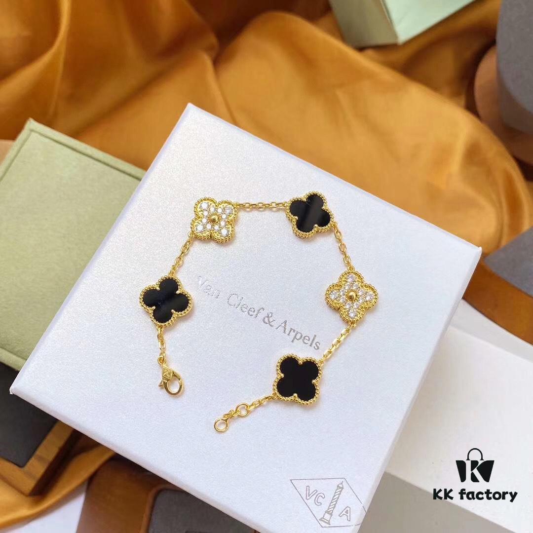 692fbe2199f2d84055c87e1c Van Cleef & Arpels 2019 New Arrival, 50th Anniversary Limited Edition Five-Flower Mother-of-Pearl Bracelet in Black Onyx and Gold