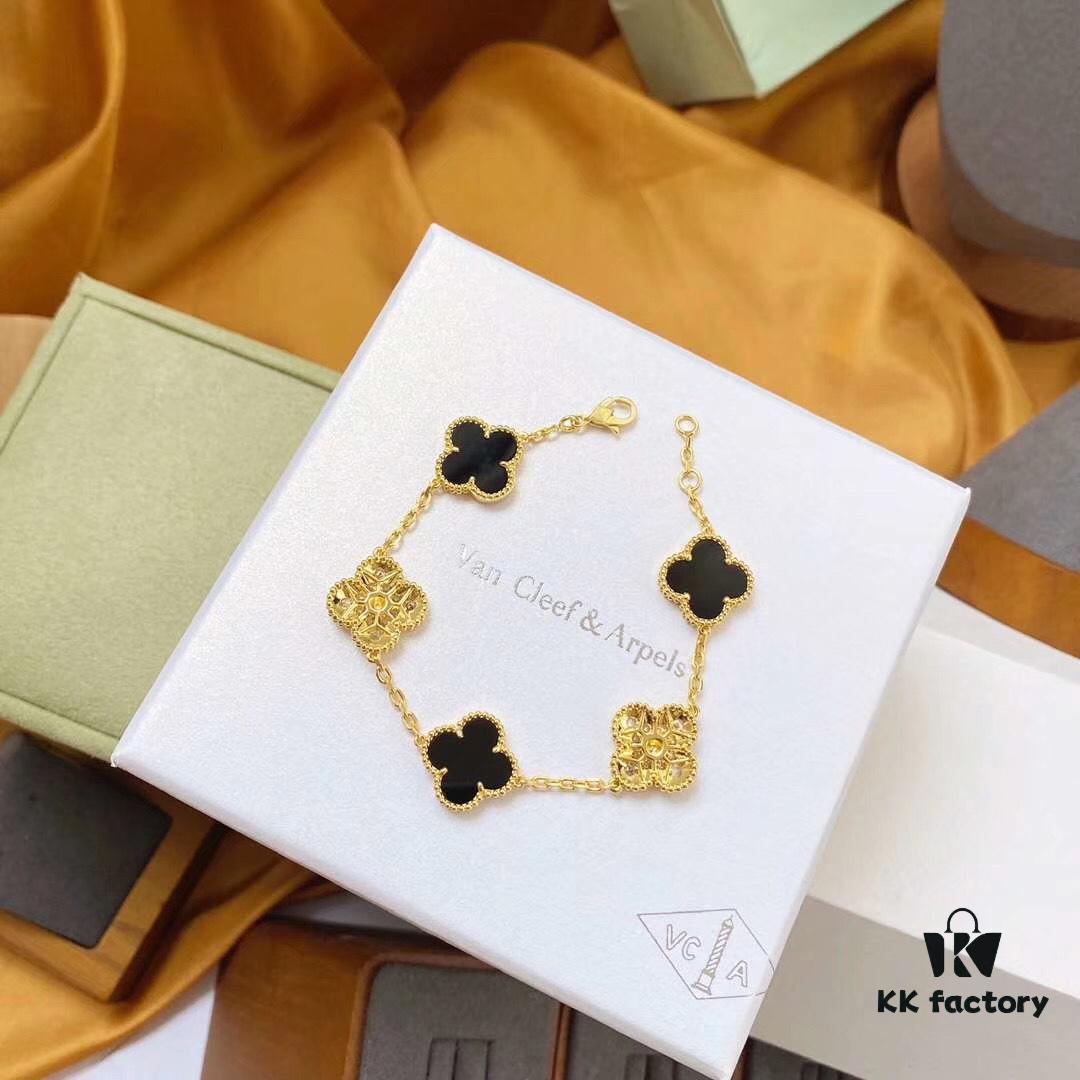 692fbe2199f2d84055c87e1d Van Cleef & Arpels 2019 New Arrival, 50th Anniversary Limited Edition Five-Flower Mother-of-Pearl Bracelet in Black Onyx and Gold