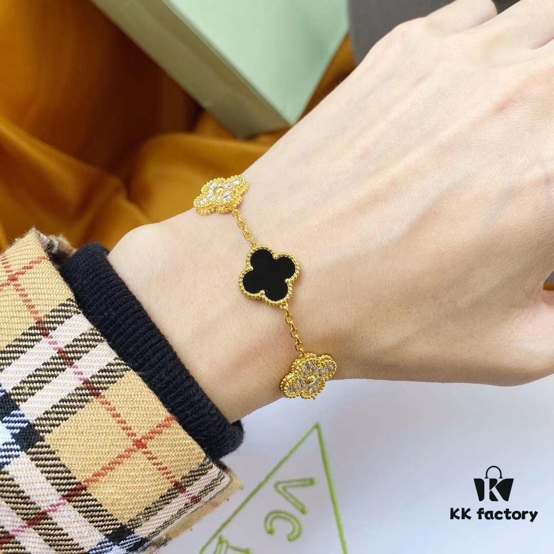 692fbe2299f2d84055c87e20 Van Cleef & Arpels 2019 New Arrival, 50th Anniversary Limited Edition Five-Flower Mother-of-Pearl Bracelet in Black Onyx and Gold