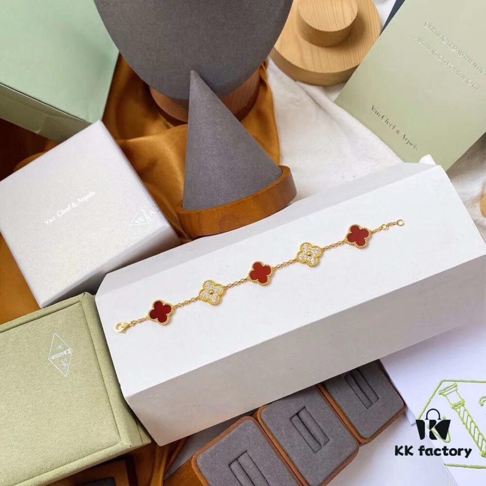 692fbe2399f2d84055c87e21 Van Cleef & Arpels 2019 New Arrival 50th Anniversary Limited Edition Five-Flower Mother-of-Pearl Bracelet with Red Agate and Gold