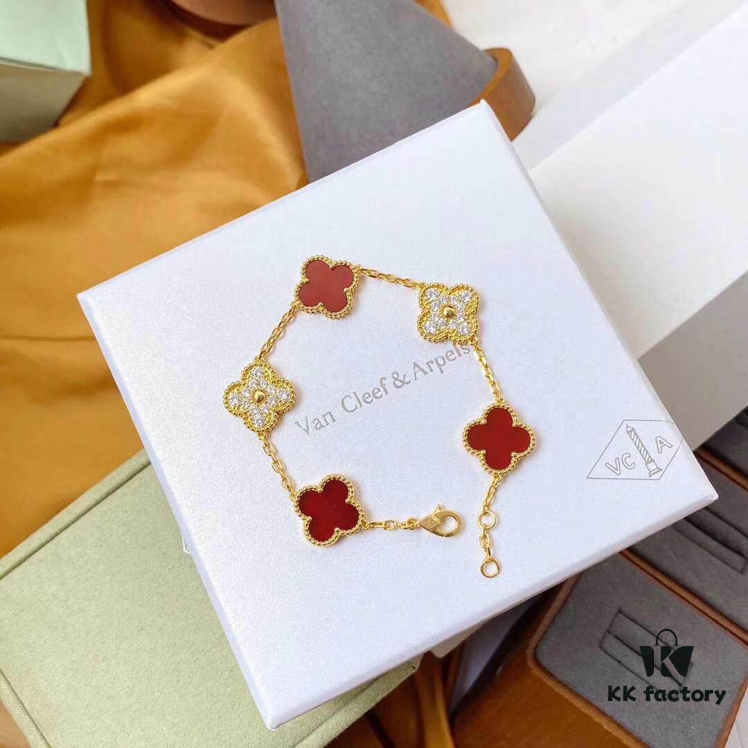 692fbe2499f2d84055c87e22 Van Cleef & Arpels 2019 New Arrival 50th Anniversary Limited Edition Five-Flower Mother-of-Pearl Bracelet with Red Agate and Gold