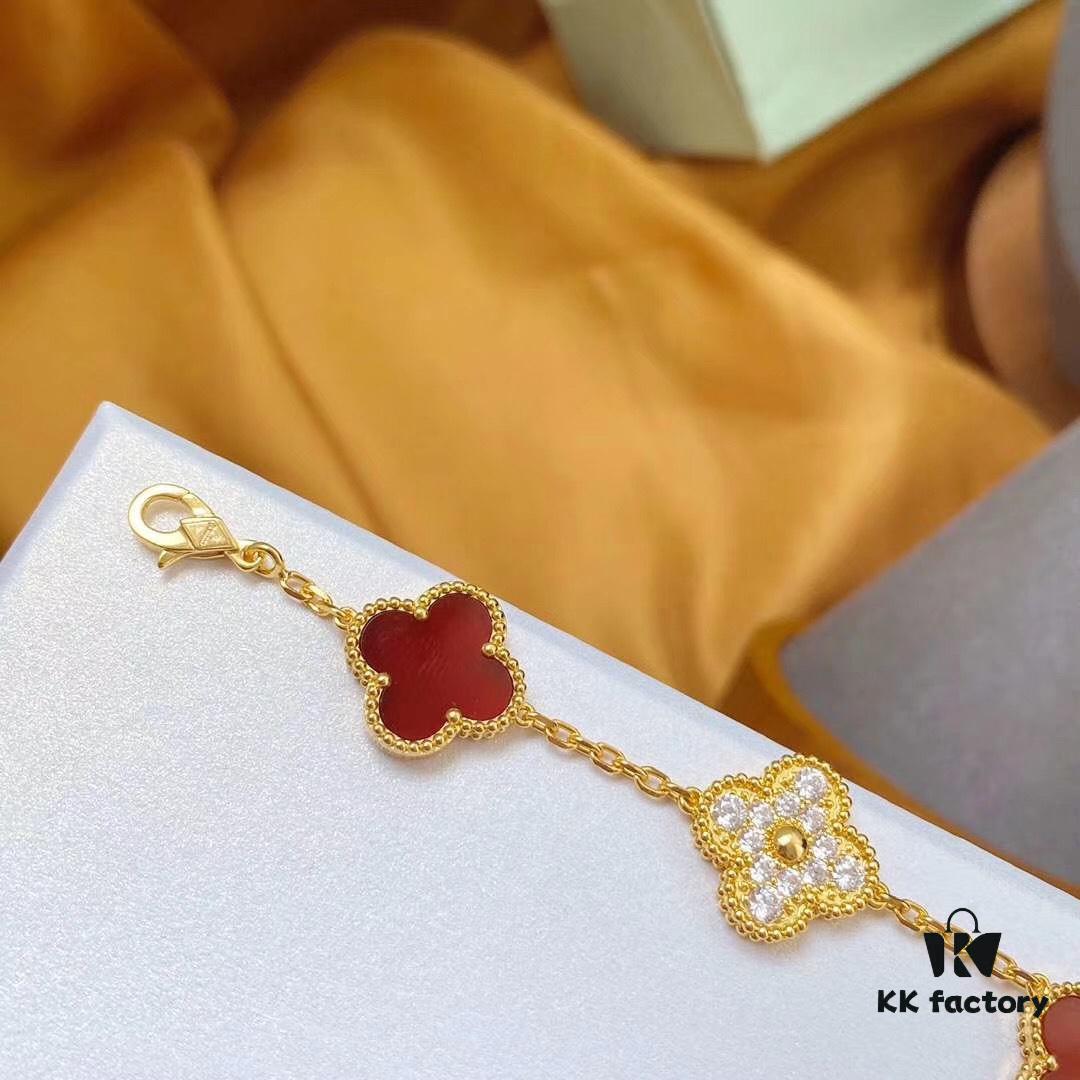 692fbe2699f2d84055c87e24 Van Cleef & Arpels 2019 New Arrival 50th Anniversary Limited Edition Five-Flower Mother-of-Pearl Bracelet with Red Agate and Gold
