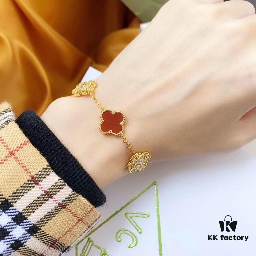 692fbe2699f2d84055c87e25 Van Cleef & Arpels 2019 New Arrival 50th Anniversary Limited Edition Five-Flower Mother-of-Pearl Bracelet with Red Agate and Gold