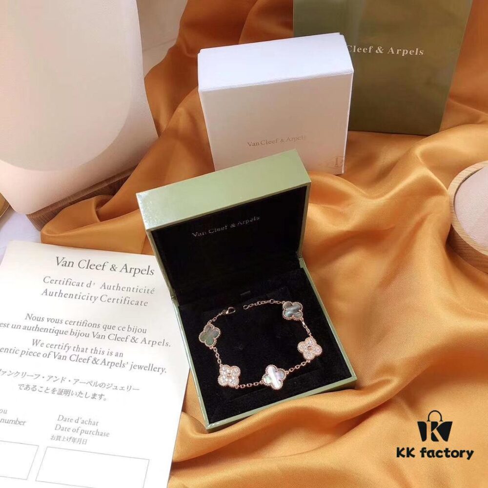 692fbe2899f2d84055c87e27 Van Cleef & Arpels 50th Anniversary Limited Edition Five-Flower Gray Mother-of-Pearl Bracelet in Rose Gold