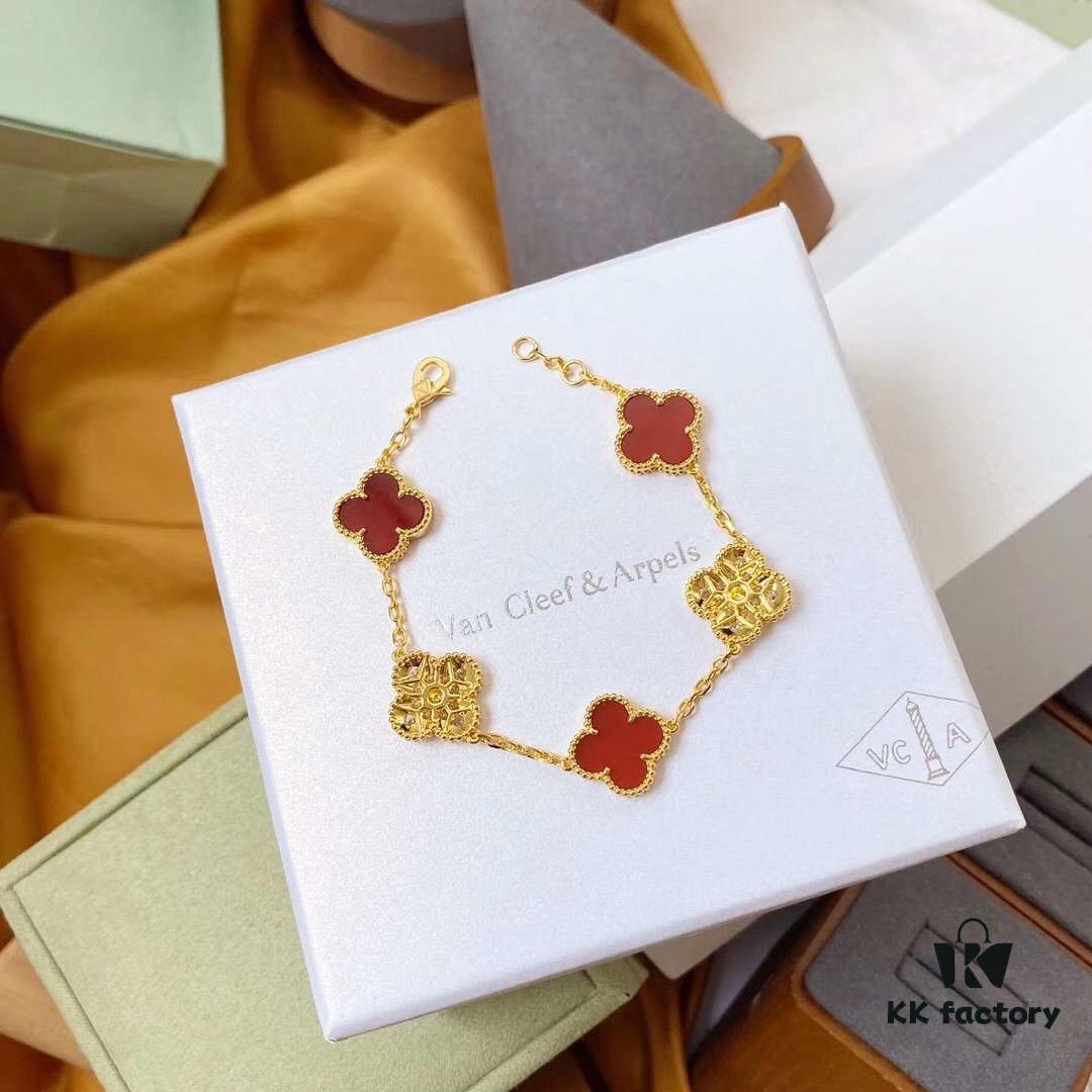 692fbe2a99f2d84055c87e2a Van Cleef & Arpels 2019 New Arrival 50th Anniversary Limited Edition Five-Flower Mother-of-Pearl Bracelet with Red Agate and Gold
