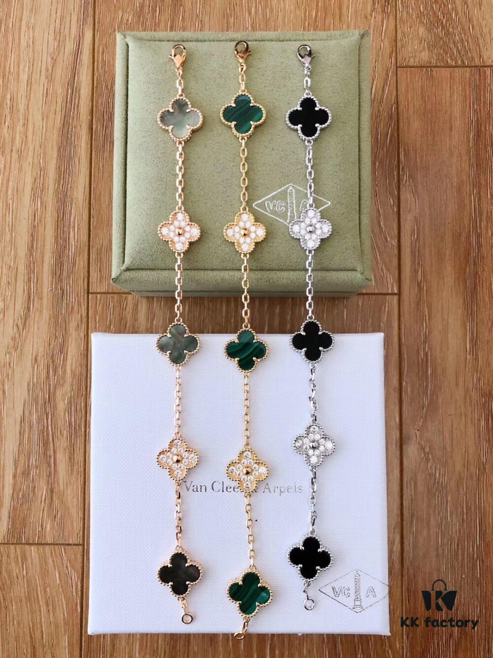 692fbe4499f2d84055c87e59 VCA Tricolor Five-Petal Diamond-Inlaid 50th Anniversary Commemorative Bracelet with Natural Stones and Natural Gray Mother of Pearl
