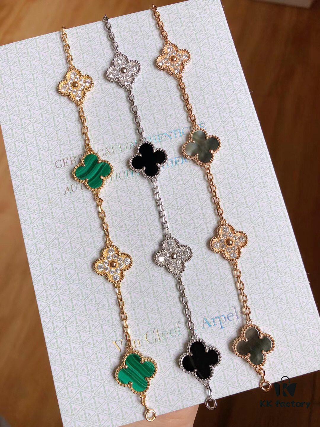 692fbe4599f2d84055c87e5c VCA Tricolor Five-Petal Diamond-Inlaid 50th Anniversary Commemorative Bracelet with Natural Stones and Natural Gray Mother of Pearl