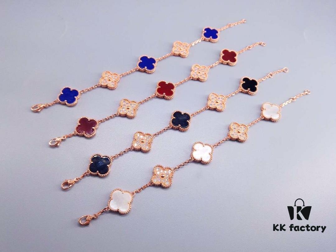 692fbe8699f2d84055c87ecd Van Cleef & Arpels Alhambra Clover Interlaced Five-Flower Bracelet, Classic New Luxury Style, Lucky Clover Design, Rose Gold, Onyx, and Agate