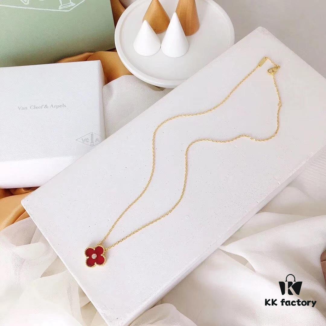 692fbe9f99f2d84055c87eec Red Carnelian / White Mother of Pearl / Black Onyx Van Cleef & Arpels Alhambra Clover Necklace, Sterling Silver with Thick Gold Plating
