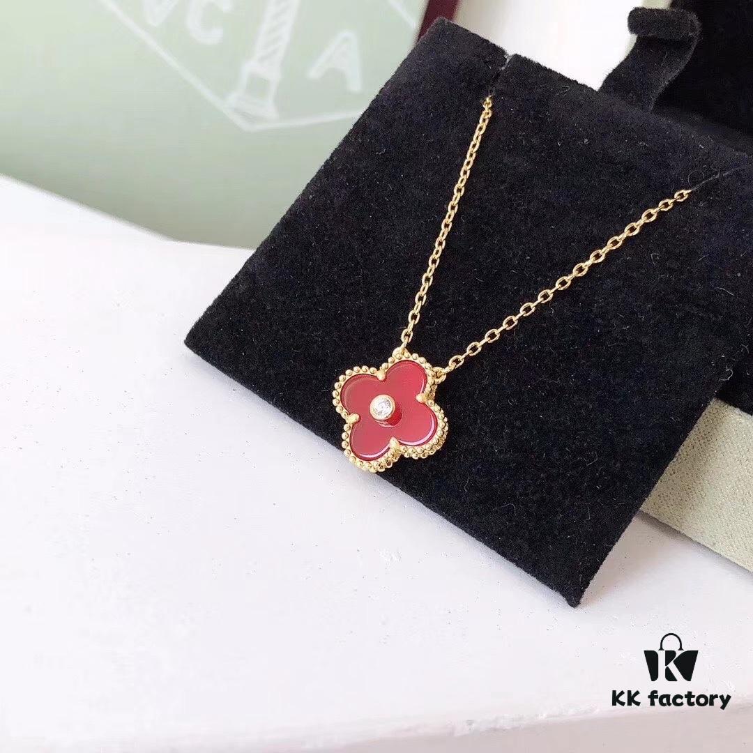 692fbea099f2d84055c87eef Red Carnelian / White Mother of Pearl / Black Onyx Van Cleef & Arpels Alhambra Clover Necklace, Sterling Silver with Thick Gold Plating