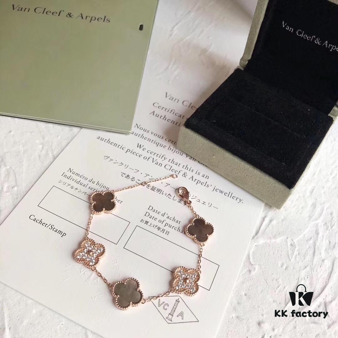 692fbeaa99f2d84055c87f01 Vca Van Cleef & Arpels 2019 Limited Edition Color-Changing Four-Leaf Clover!! Gray Mother-of-Pearl Diamond-Paved Five-Petal Bracelet, German Imported S925 Sterling Silver with Thick Gold Plating, Exquisitely Crafted, Stunningly Beautiful with Color-Shifting Effect Under Light