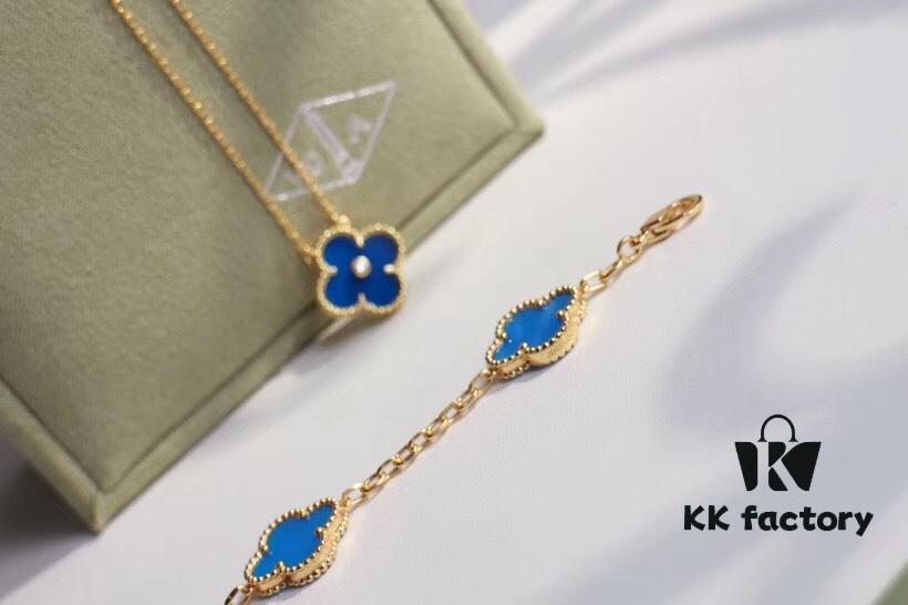 692fbeb299f2d84055c87f0b Seiko Version 👼 VCA Limited Edition New Color, Stunning Blue Chalcedony 💙, Retail ~32,000, 925 Silver Gold-Plated Five-Petal Flower Bracelet