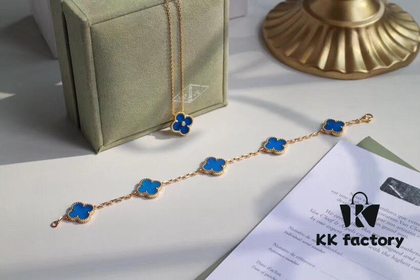 692fbeb699f2d84055c87f10 Seiko Version 👼 VCA Limited Edition New Color, Stunning Blue Chalcedony 💙, Retail ~32,000, 925 Silver Gold-Plated Five-Petal Flower Bracelet