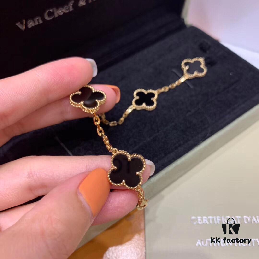 692fbee799f2d84055c87f5e High Version VCA Van Cleef & Arpels Black Onyx Alhambra Five-Leaf Bracelet in Imported Sterling Silver with 18K Gold Plating